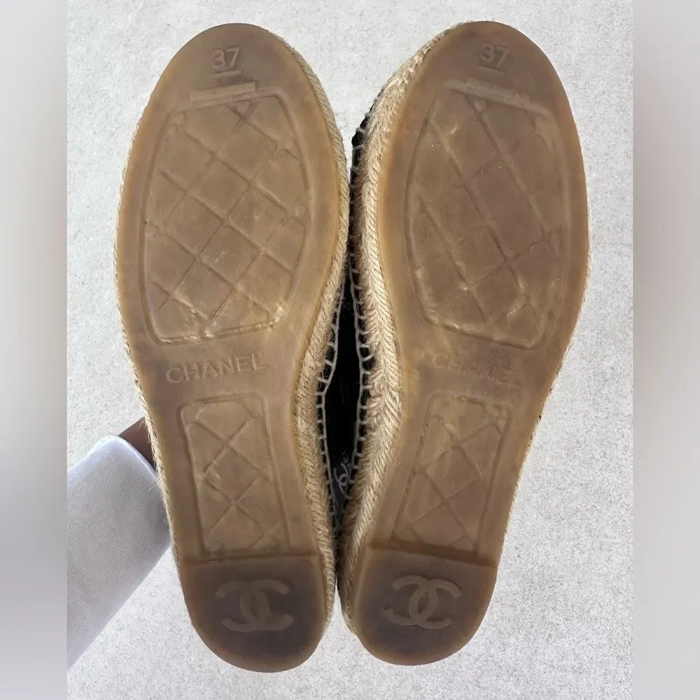 Chanel CC logo Mesh Grosgrain Cap Toe Black Espadrille Flats EU 37 US 6-6.5